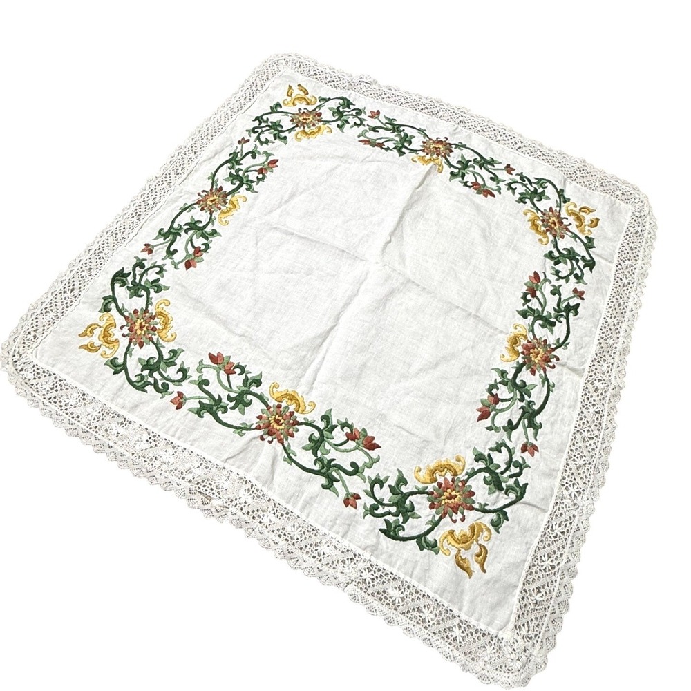 Vintage White Linen Embroidered Floral Lace Trim Square Tablecloth 28x28